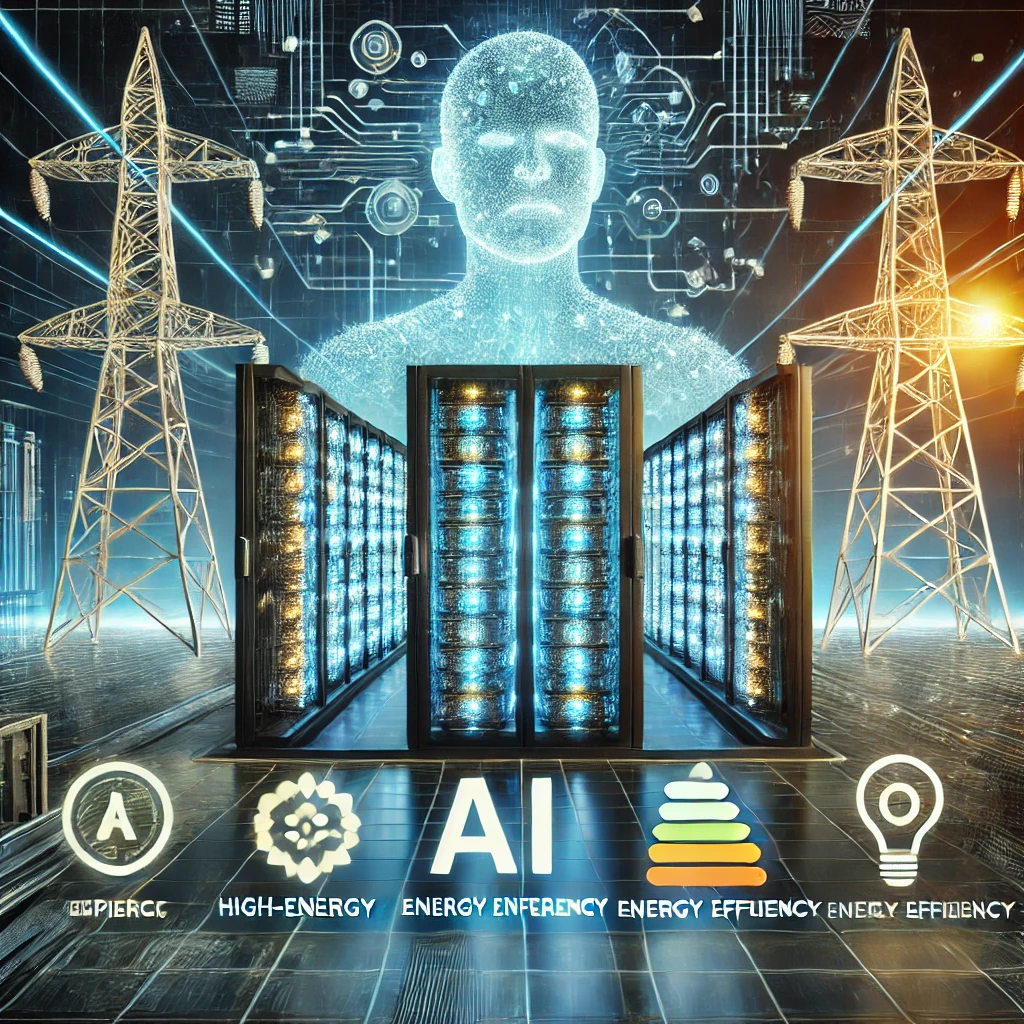 AI 데이터센터와 전력망의 연결&amp;#44; 에너지 소비 문제 및 해결 방안을 보여주는 디지털 그래픽