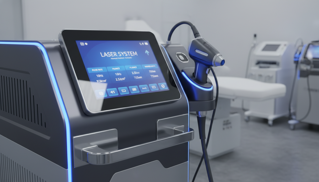 타투 제거에 사용되는 최신식 하이테크 피코 레이저 기기의 근접 사진