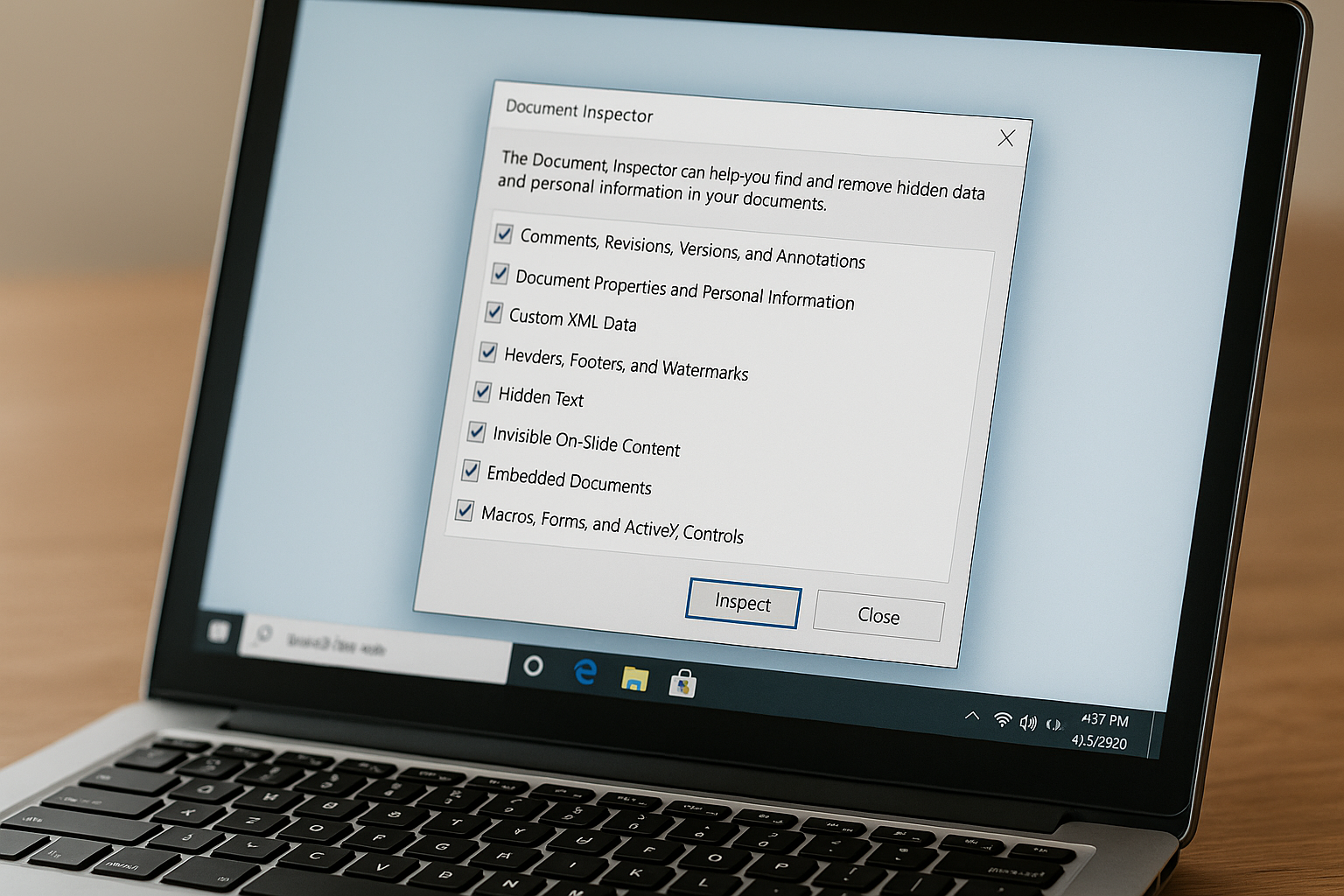 Windows 문서 검사기에서 숨은 데이터와 개인 정보 항목 제거하기