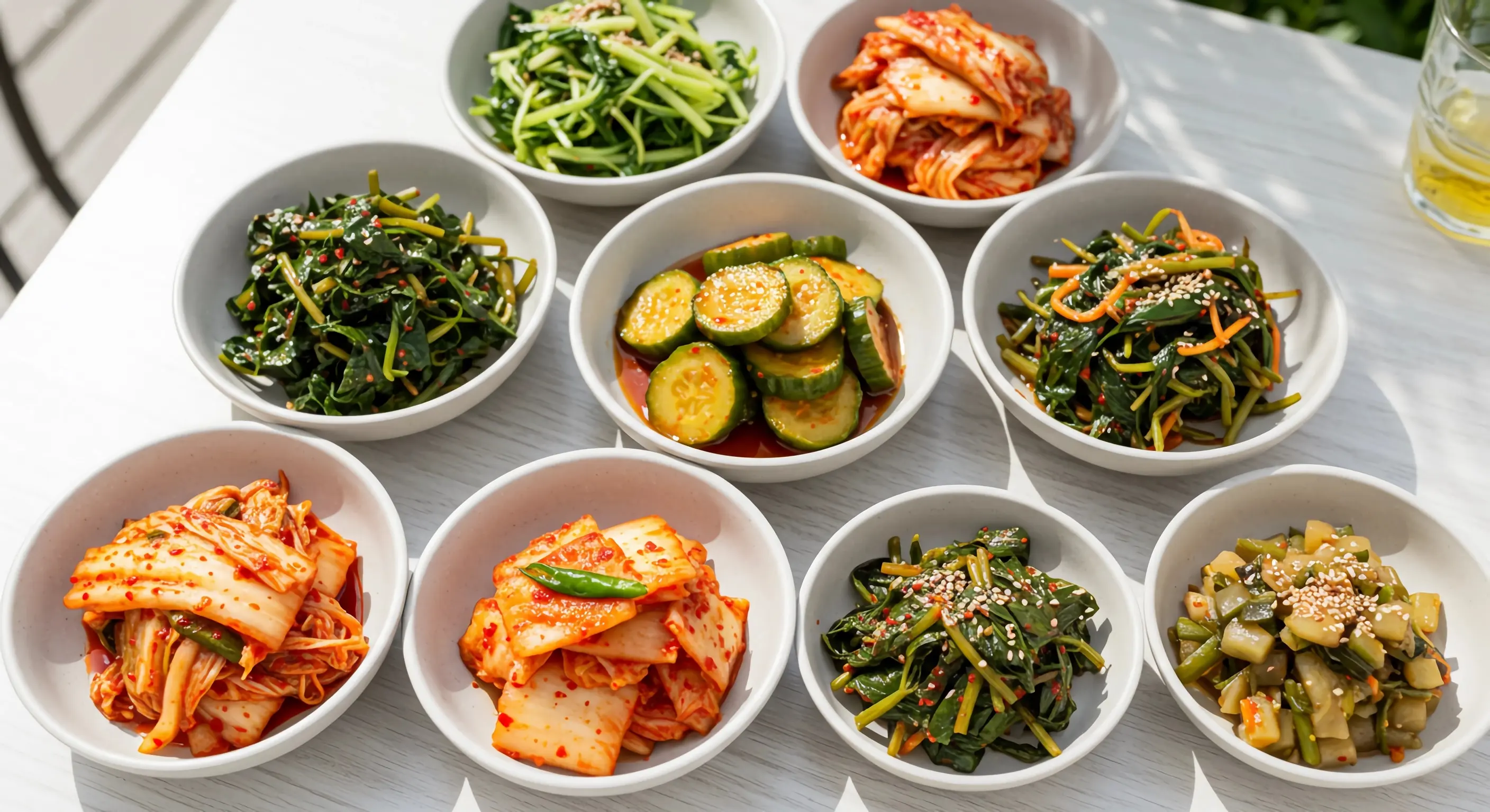 여름철 장 건강을 위한 다양한 저염 발효 반찬들이 흰색 그릇에 담겨 깔끔하게 배열된 모습