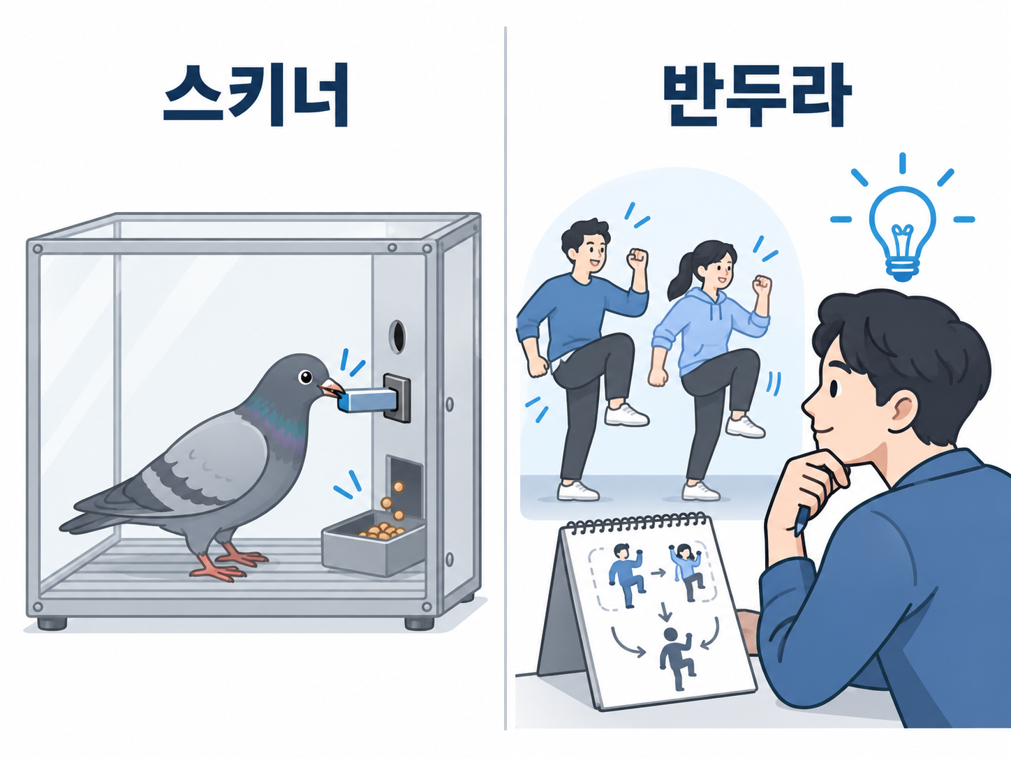 지렛대를 누르는 비둘기와 다른 사람을 관찰하며 생각하는 사람을 비교한 그림