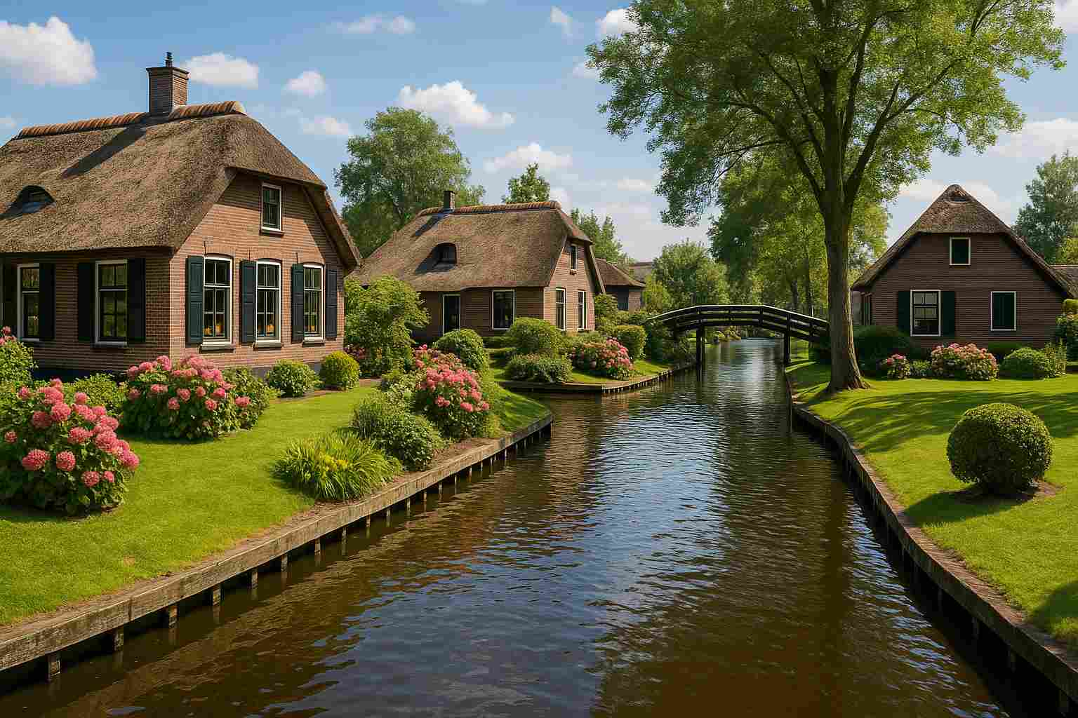 네덜란드 북부의 작은 마을 히트호른의 차 없는 운하 마을