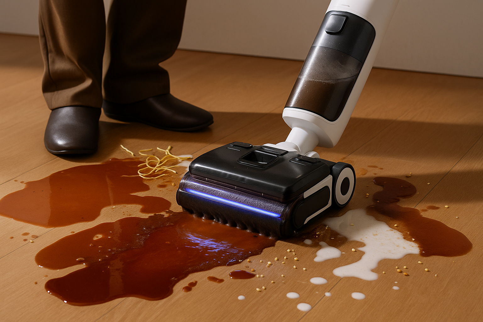 로보락 F25 울트라가 라면국물과 우유가 섞인 바닥 오염을 청소하는 장면