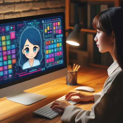 여자 아바타와 대화하는 여성의 모습의 컴퓨터 사용 장면