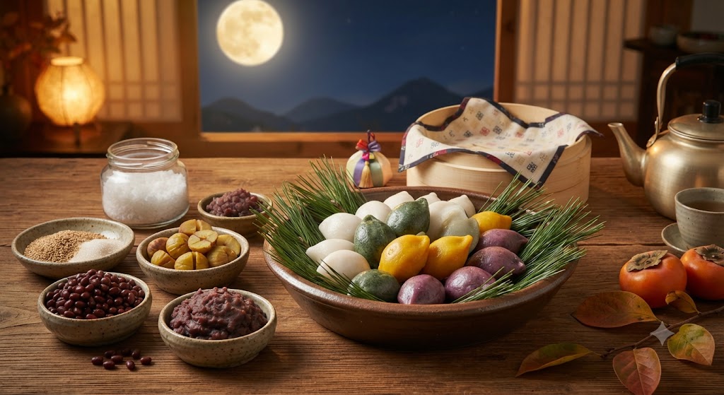 추석 한가위 보름달이 뜬 창가 배경에 솔잎을 깐 찜기 속 삼색 송편과 깨, 팥, 밤, 소금 등 송편 속재료들이 차려진 상차림 모습