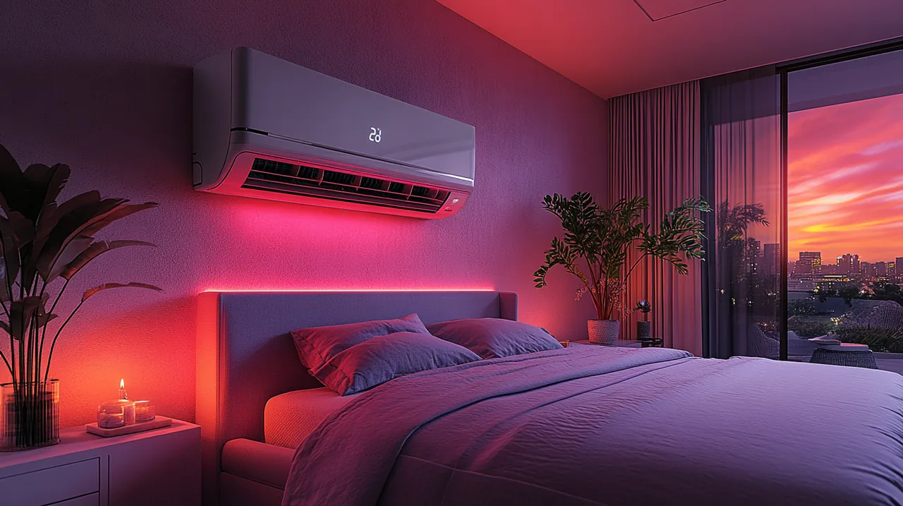 하늘하늘한 침실에서 조용히 운영되는 벽걸이 에어컨이 평화로운 분위기를 자아내며 실내편안함을 극대화합니다. 에어컨 성능의 기준을 제시합니다.
