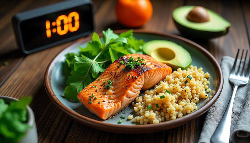 건강한 간헐적 단식 식단, 연어 구이, 아보카도, 퀴노아, 근처에 디지털 시계가 있는 이미지.