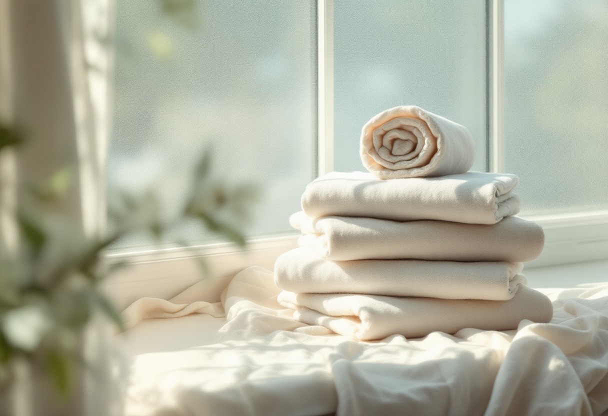 장마철 꿉꿉함 없이 잘 건조된 흰색 수건 더미