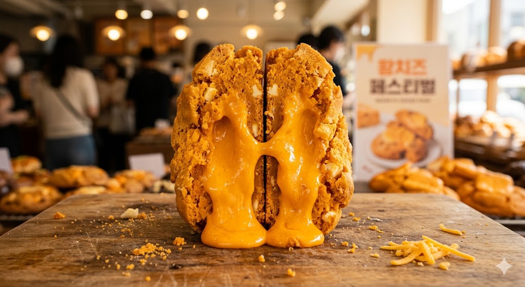베이커리 나무 도마 위에 놓인 황치즈 쿠키가 반으로 갈라져 있으며, 그 사이로 진하고 꾸덕한 주황색 황치즈 크림이 폭포처럼 흘러내리는 모습. 주변에는 쿠키 가루와 치즈 토핑이 흩어져 있어 바삭하고 짭짤한 식감을 강조함.