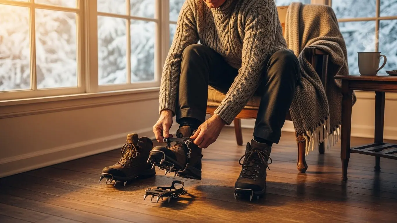 실내 출입 전 시니어가 도심형 아이젠을 벗고 보관하는 장면