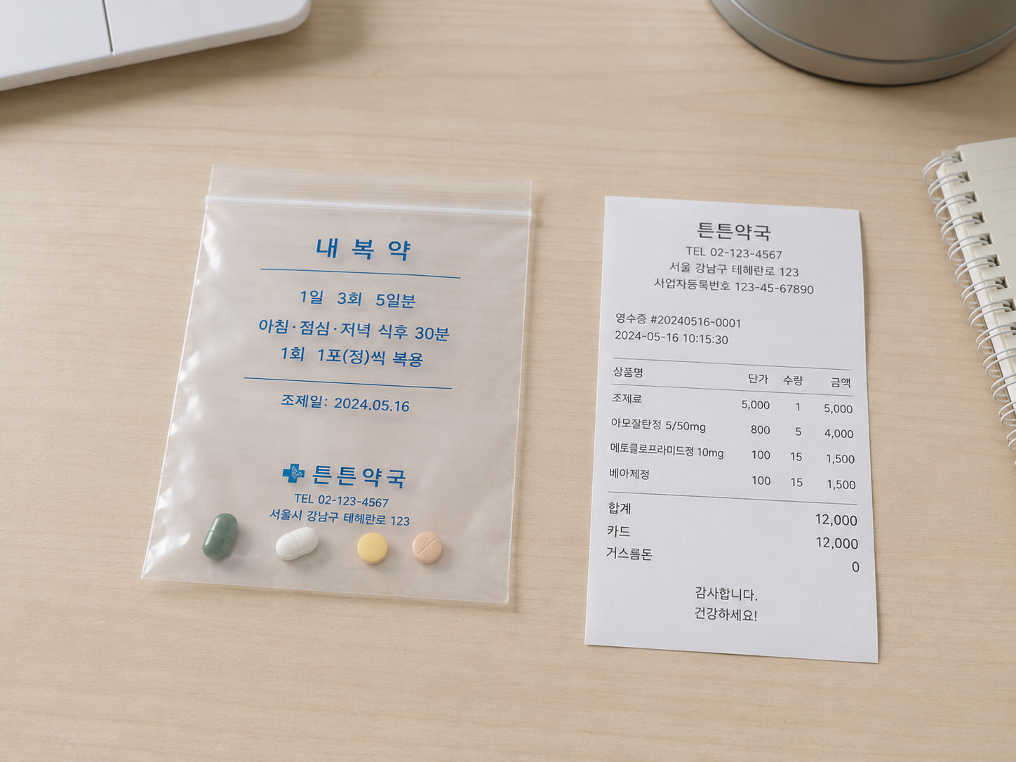 약국에서 처방받은 약봉지와 약제비 영수증 데이터를 확인하고, 실손의료보험 약값 청구의 자기부담금 기준을 검토하는 똑똑한 신혼부부 가계 운영 루틴.
