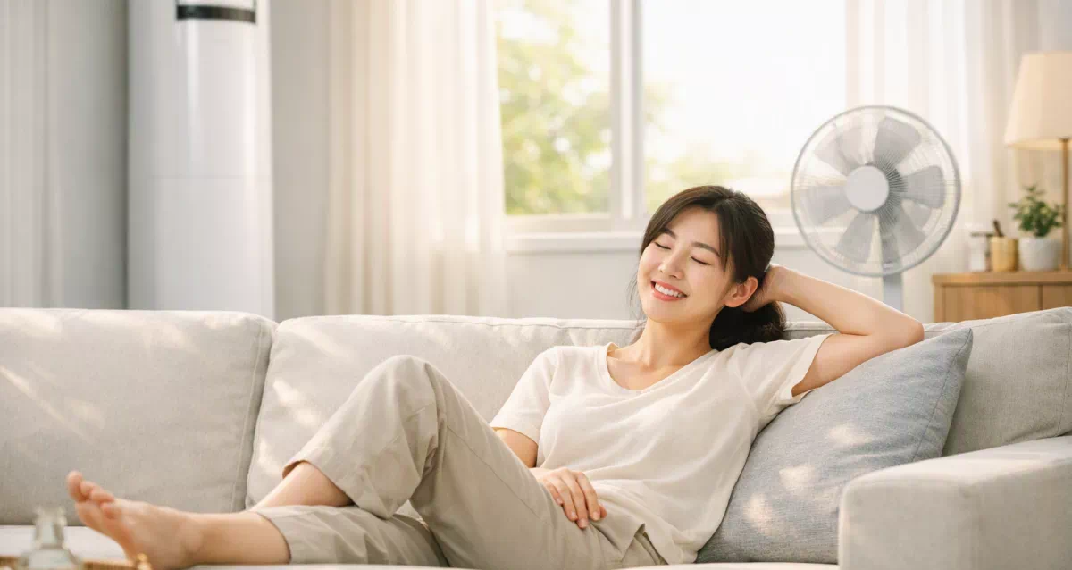 에어컨 26도 설정과 선풍기 병용으로 쾌적하게 여름을 보내는 모습