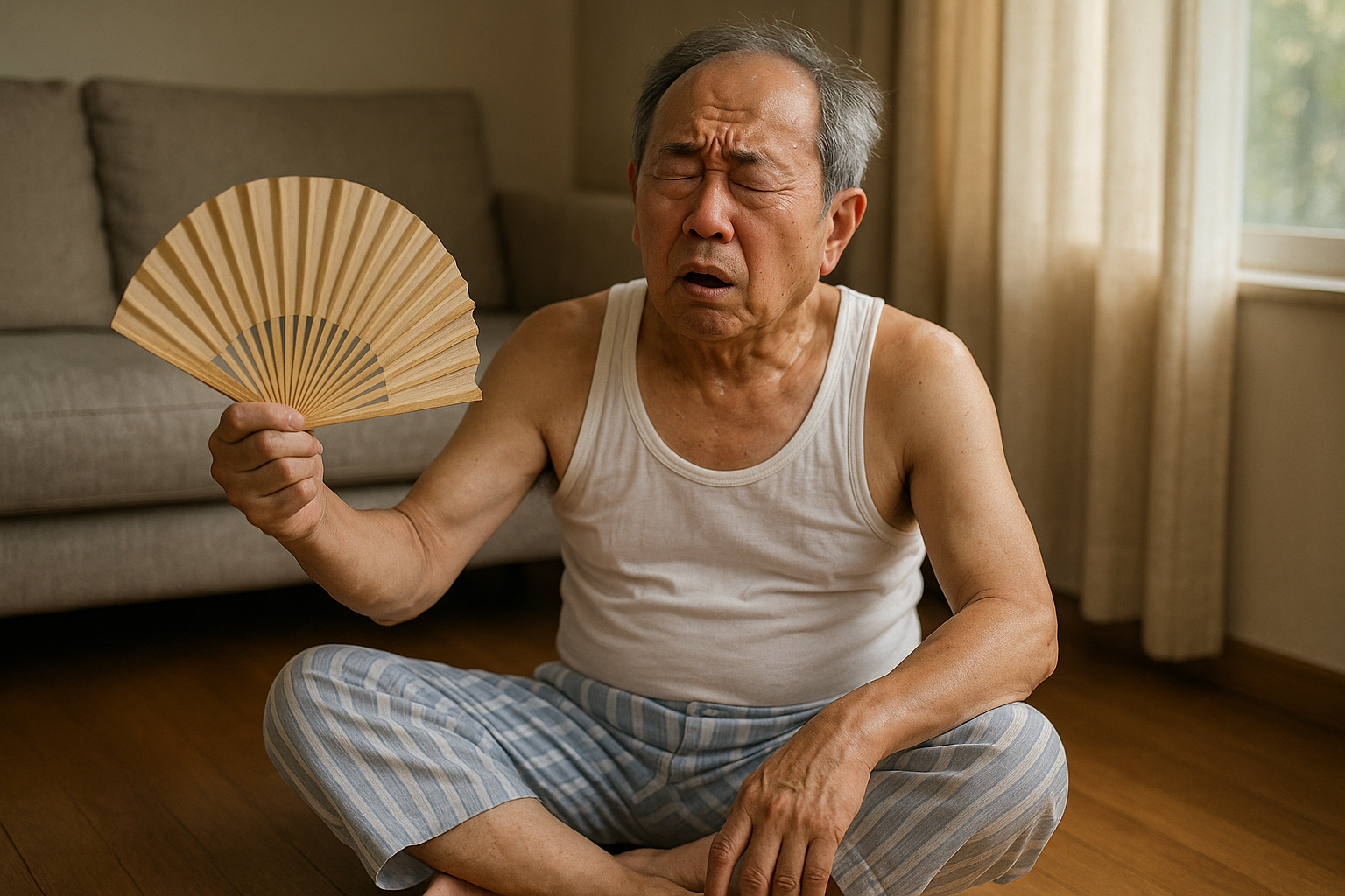 더운 날씨에 부채질 하고 있는 남성 노인의 모습