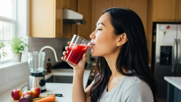 여성이 부엌에서 ABC주스를 마시고 있는 모습