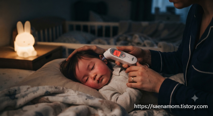 "아이 해열제 복용 간격 확인 전 체온을 재는 모습"