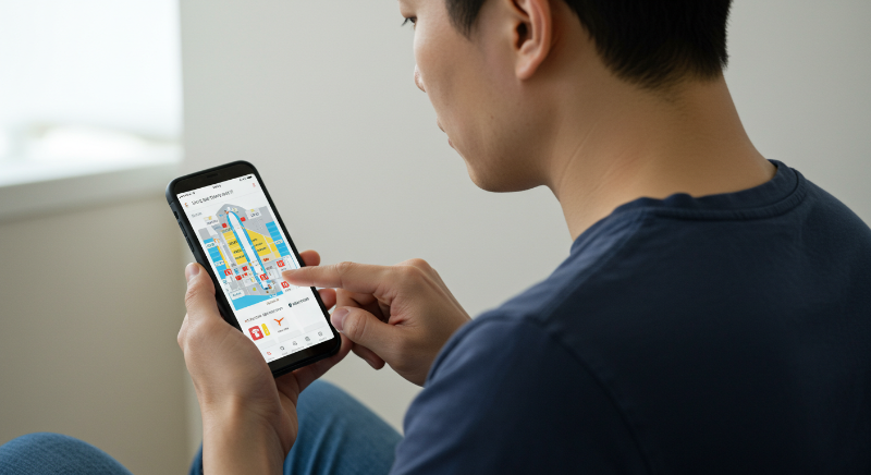 스마트폰으로 항공사 앱에서 좌석 배치도를 확인하며 전략적으로 좌석을 선택