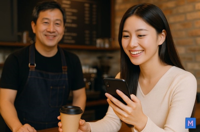 소상공인 부담경감 크레딧 신청하는 카페 사장과 직원, 스마트폰으로 온라인 신청 진행 중 VIA CANVA