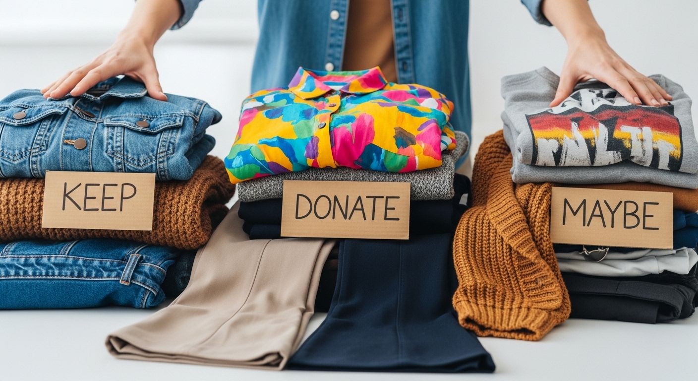 한 사람이 '보관', '기부', '고민'이라는 팻말 앞에 옷을 분류하고 있는 모습.