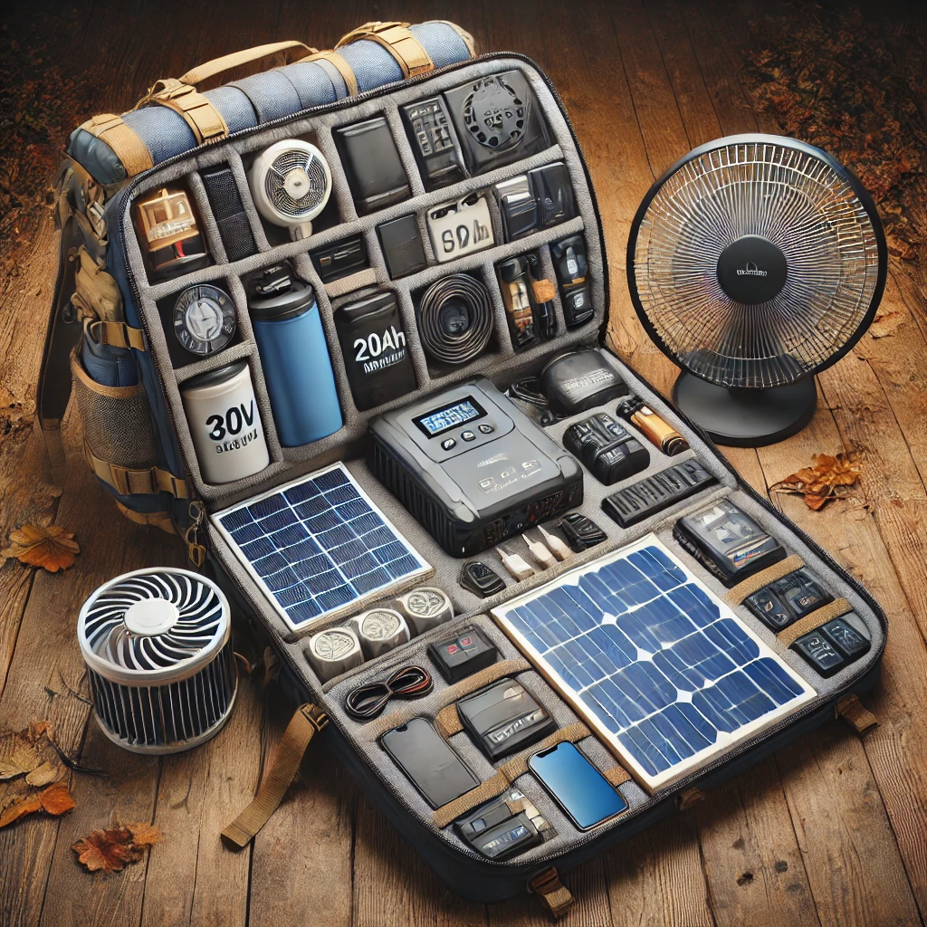방수 30L 배낭 안에 정리된 확장형 생존 전력 키트 – 냉장, 고용량 배터리, 태양광, USB 분배기 포함