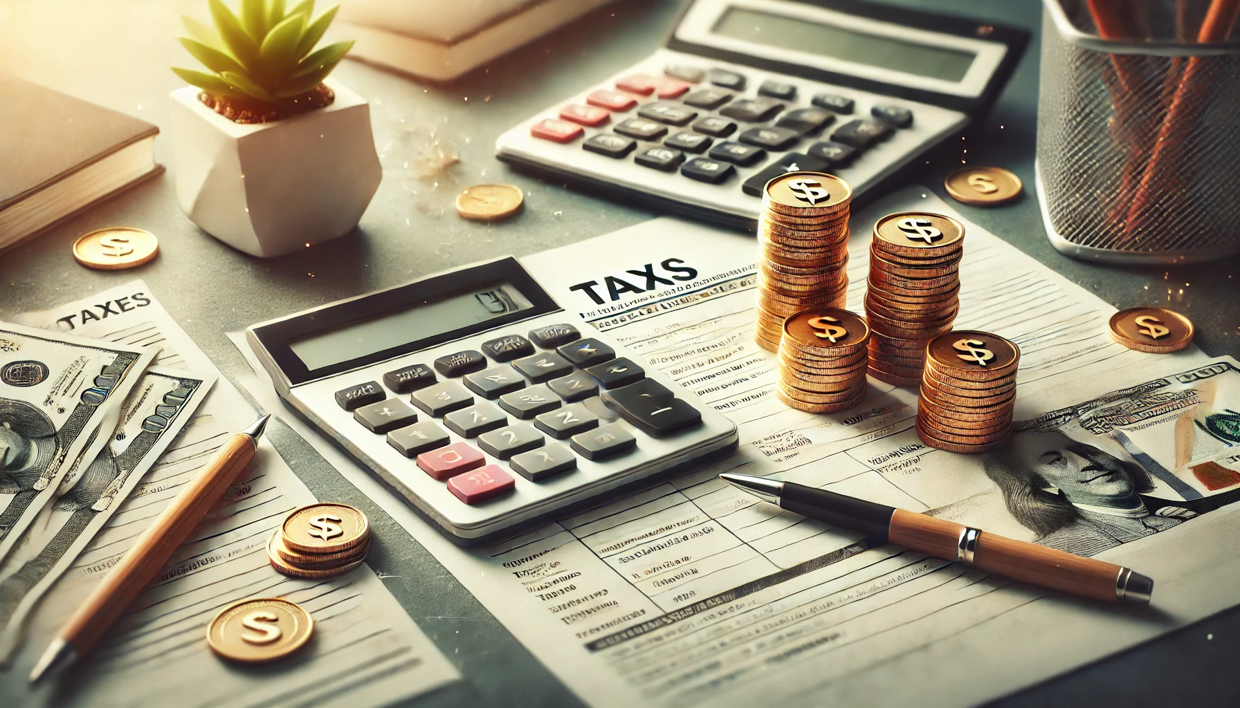 책상위의 필기구와 돈, 계산기 세금관련 문서가 있는 사진