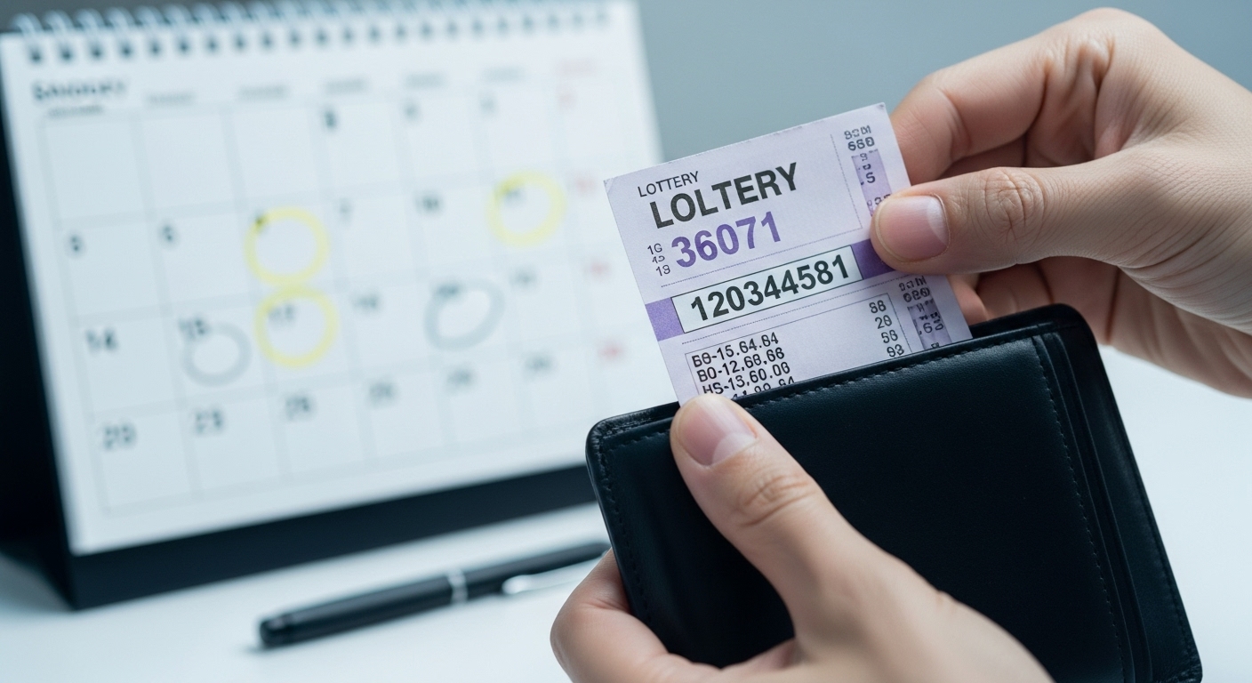 로또 용지를 지갑에 넣는 손과 규칙적으로 표시된 달력이 보이는 배경. 로또의 꾸준한 구매와 인내심의 중요성을 상징합니다.