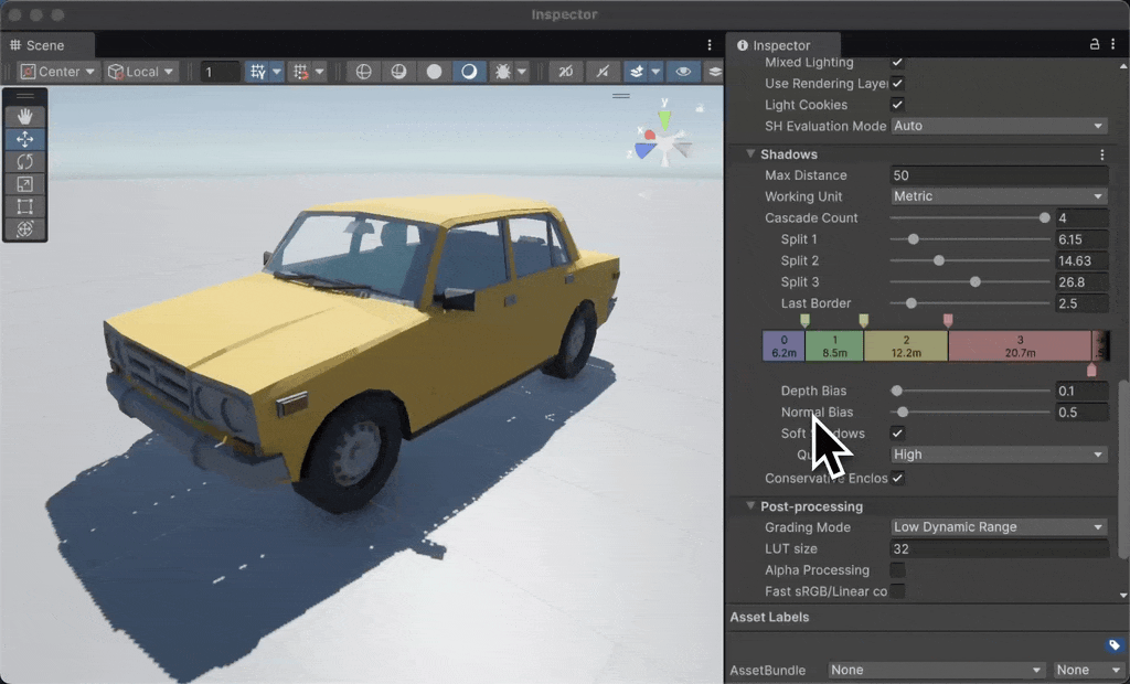 Unity Shadow Normal Bias를 조정하는 모습