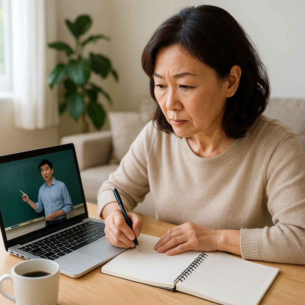 노트북 앞에서 자격증 관련 온라인 강의를 집중해서 시청하는 중년 여성