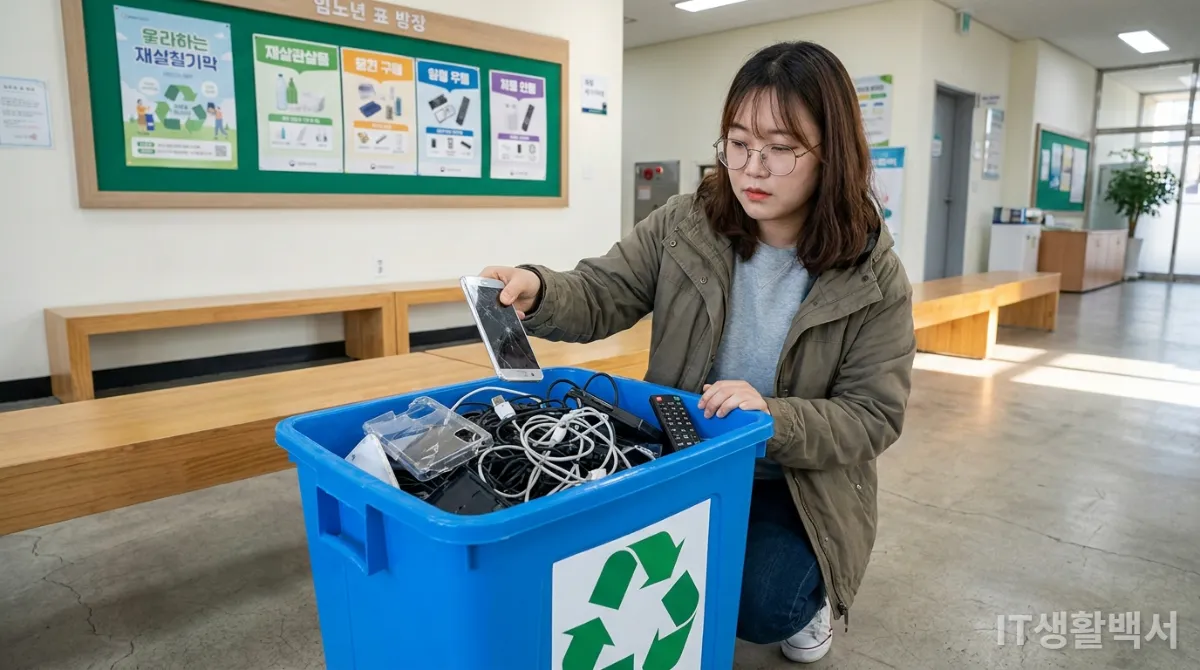 커뮤니티 센터에서 전자 폐기물을 올바르게 분리수거하는 한국인 청년
