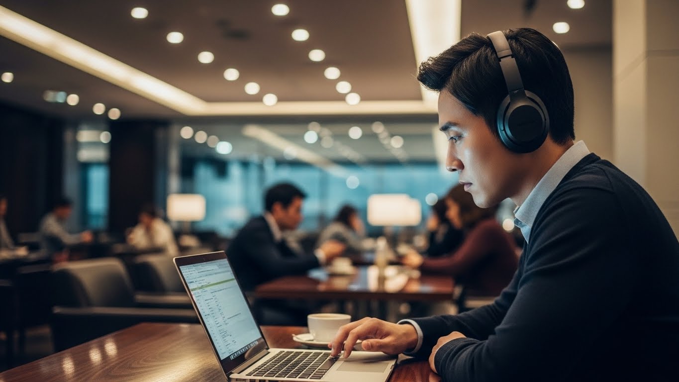 소음이 가득한 공항에서도 장비와 시스템의 도움으로 나만의 정숙한 사무실을 만드는 모습