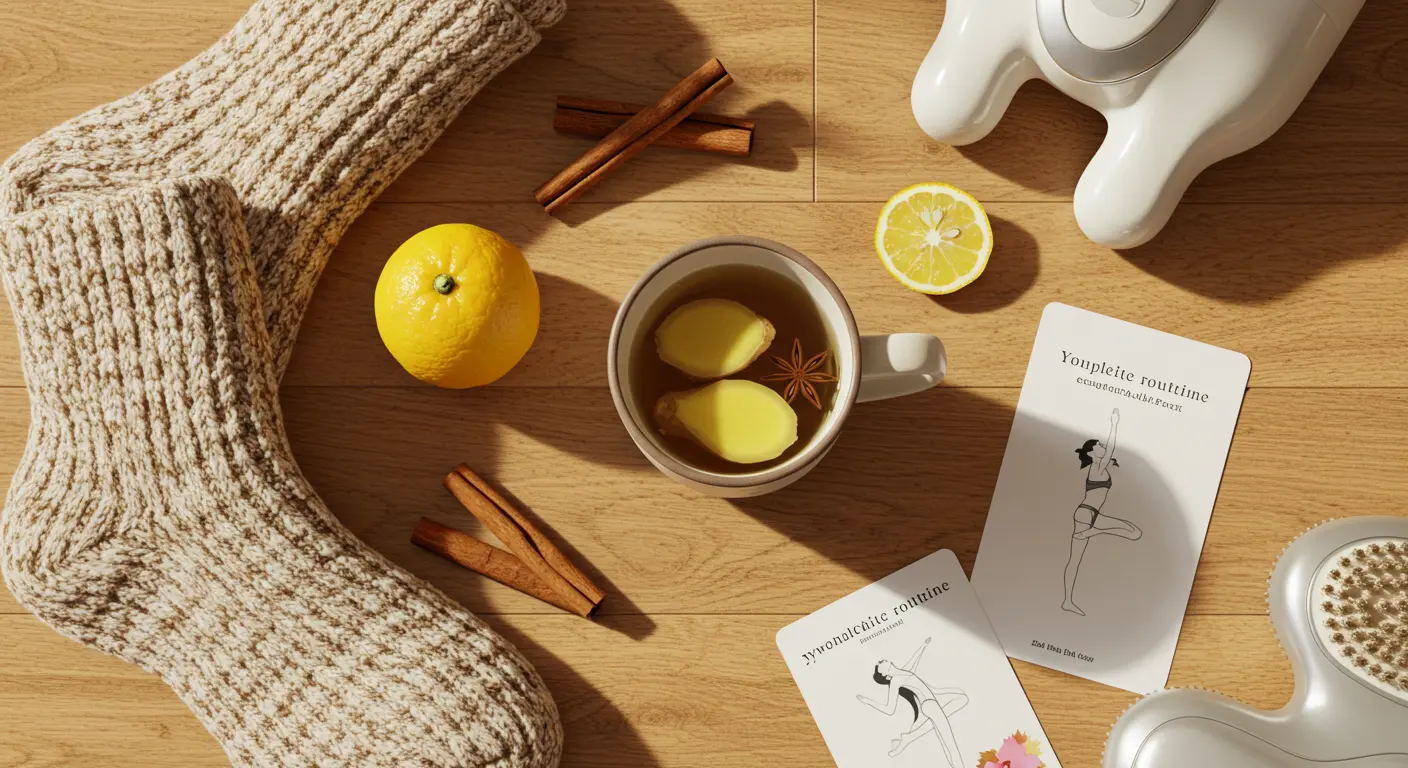 따뜻한 생강차와 두꺼운 양말, 계피, 유자, 스트레칭 카드, 족욕기가 배치된 수족냉증 개선 루틴 용품들의 평면 배치 사진