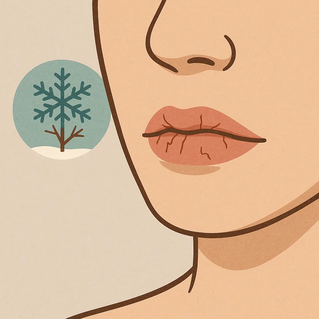 입술이-갈라지는-계절적-원인을-표현한-일러스트로,-건조한-겨울-바람과-추위로-인해-입술이-트고-갈라진-모습이-묘사되어,-기후-요인과-피부-건조의-연관성을-상징함.