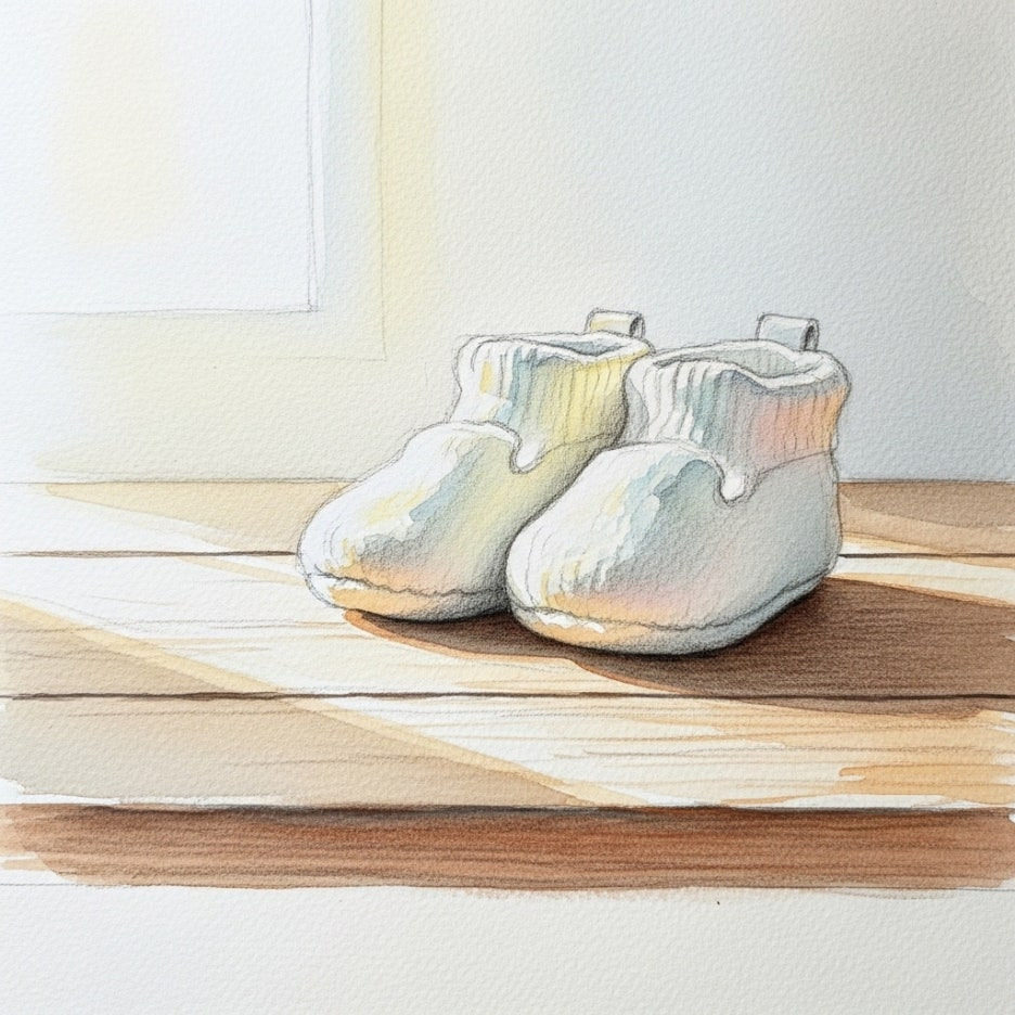 나무 테이블 위에 놓인 작고 귀여운 신발 일러스트