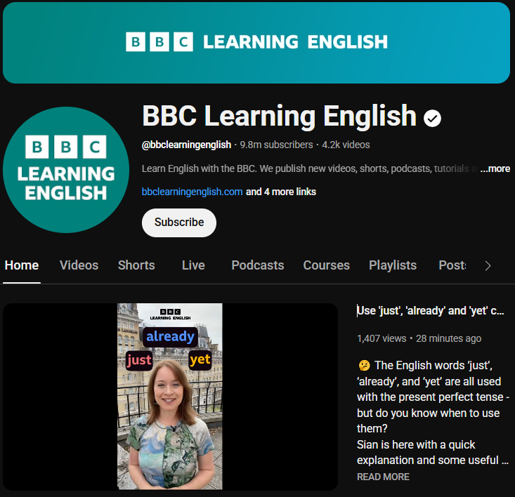 유튜브 채널 BBC Learning English 메인 페이지