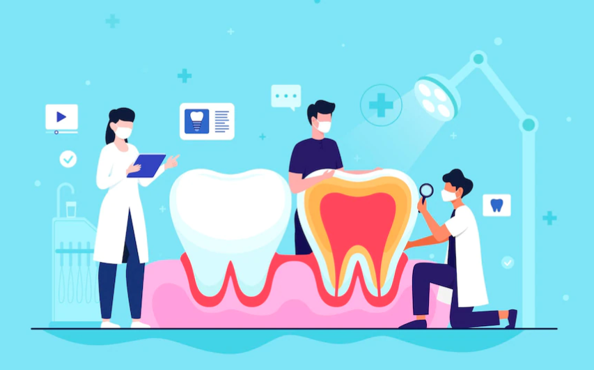 썩은 이빨을 치료하고 있는 세명의 치과의사 캐릭터