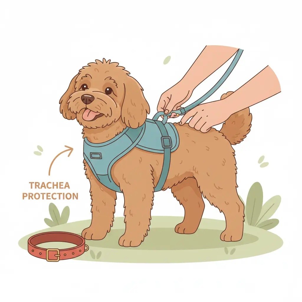 산책 시 강아지 기관지 보호를 위해 목줄 대신 가슴 하네스를 착용하는 모습