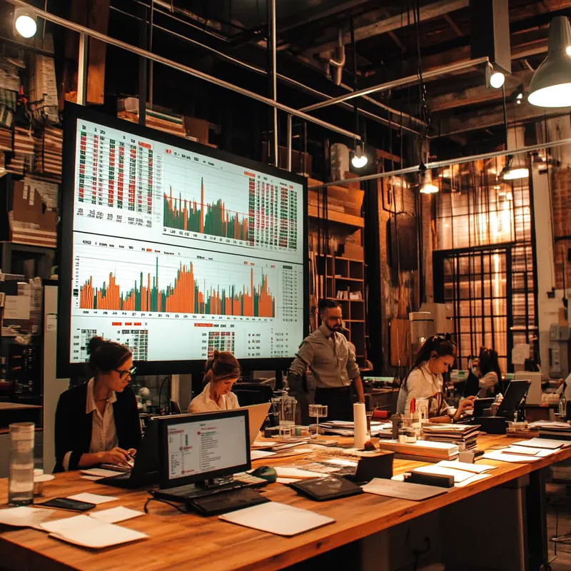 투자자들이 사무실에서 배당 주식 데이터를 분석하며 정보를 교환하는 장면. 목표 달성을 위한 집중된 분위기와 고급스러움을 조명으로 강조.
