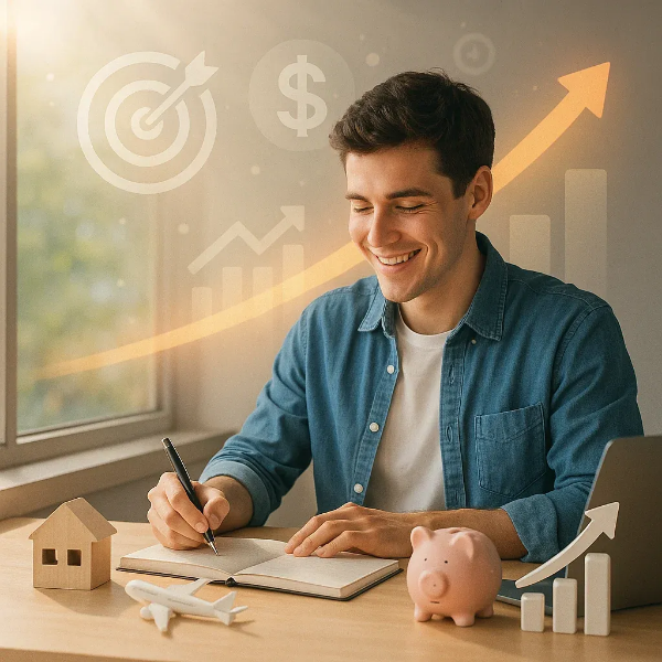 청년이 목돈 마련 계획을 세우며 웃고 있는 따뜻한 분위기의 장면, 저금통·집·비행기 모형이 주변에 놓여 있어 재정 성장의 긍정적 흐름을 암시함