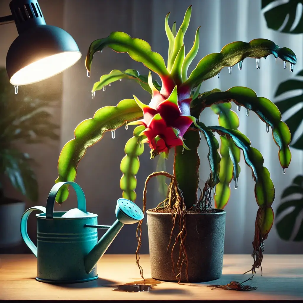 용과 식물의 시든 잎과 옆에 놓인 물뿌리개. 과도한 물주기와 관련된 문제를 해결하기 위한 관리 장면을 묘사합니다.