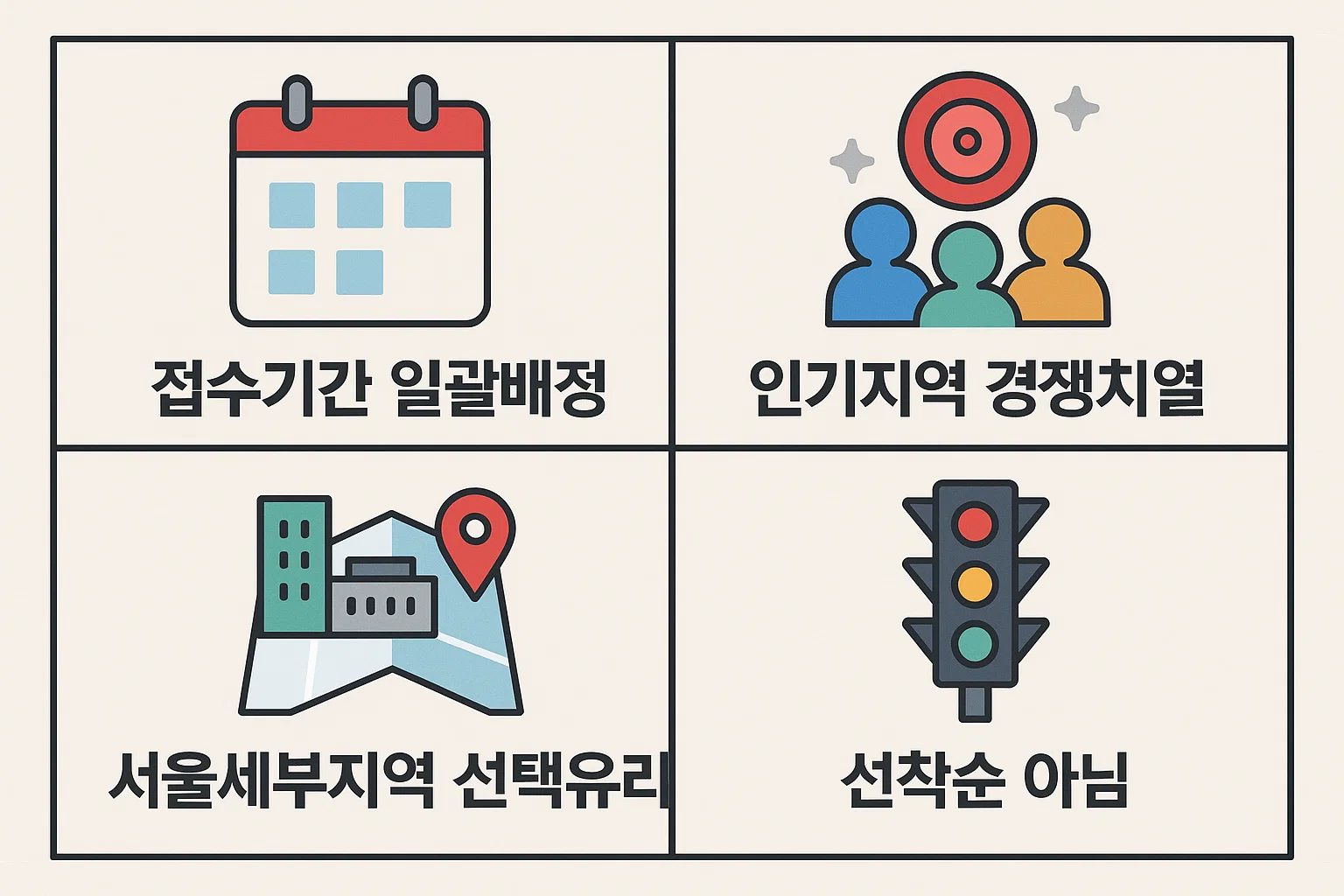 접수기간 일괄배정, 인기지역 경쟁 치열, 서울세부지역 선택 유리, 선착순 아님 등의 시험장 배정 기준을 시각화한 2026년 시험 안내 인포그래픽입니다.