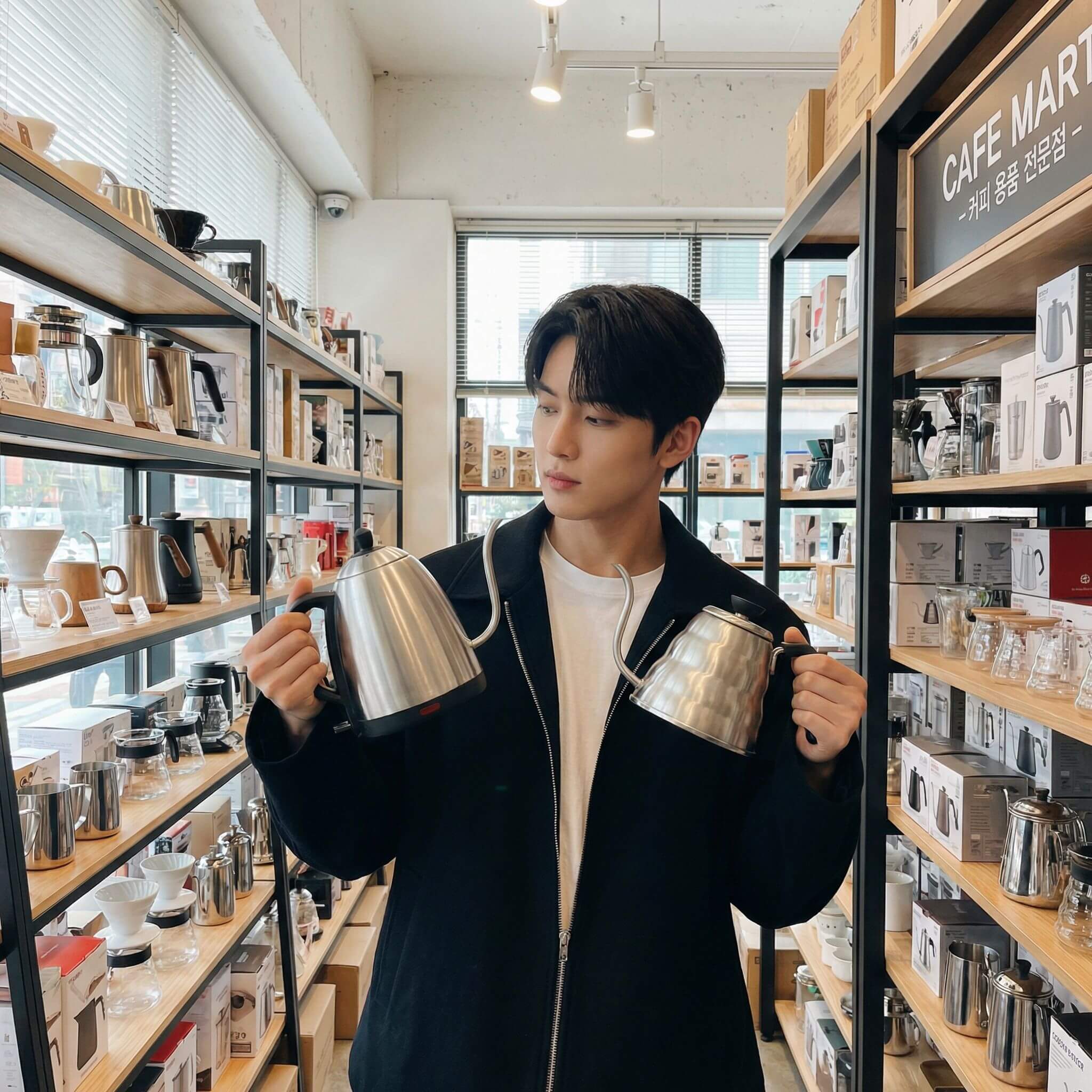 드립커피 주전자를 고르는 남자