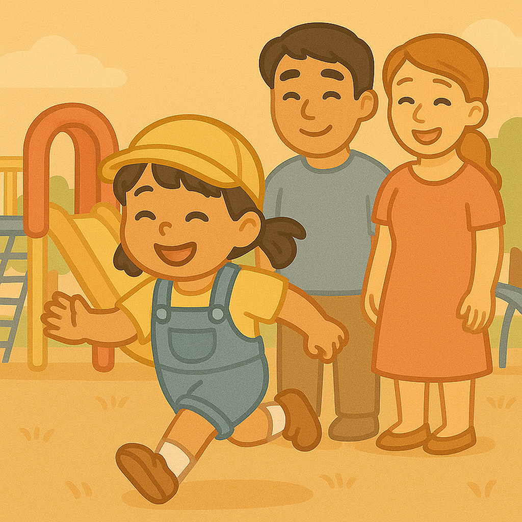 다문화 가족이 아이가 뛰어 노는 것을 보며 웃고 있다.