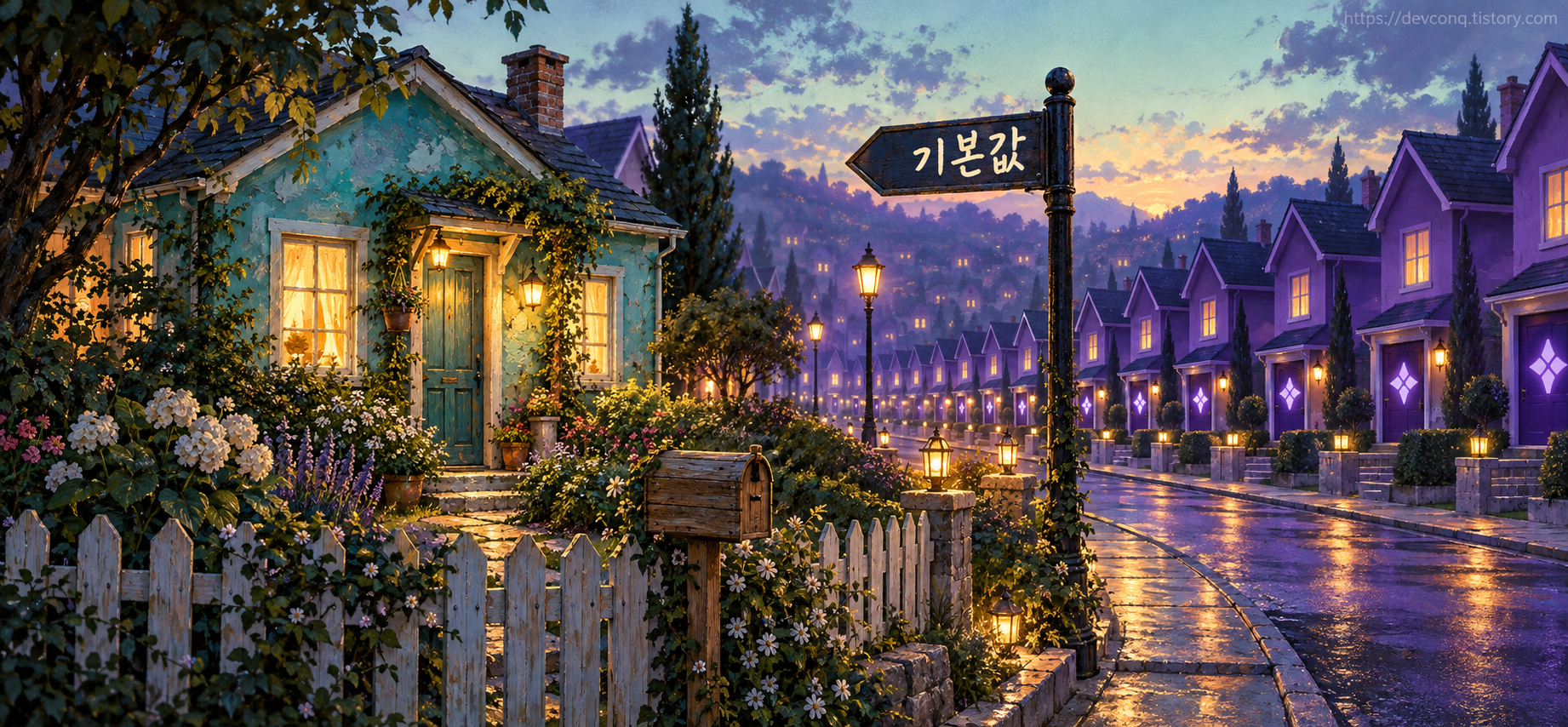 똑같은 보라색 집들이 늘어선 거리 앞에 정원이 있는 개성 있는 집 한 채와 기본값이라고 적힌 표지판이 선 일러스트