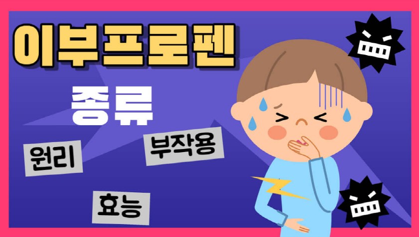 어린이가-통증으로-고통받고-있는-그림과-이부프로펜의-종류-원리-부작용-효능에-대한-로고입니다.