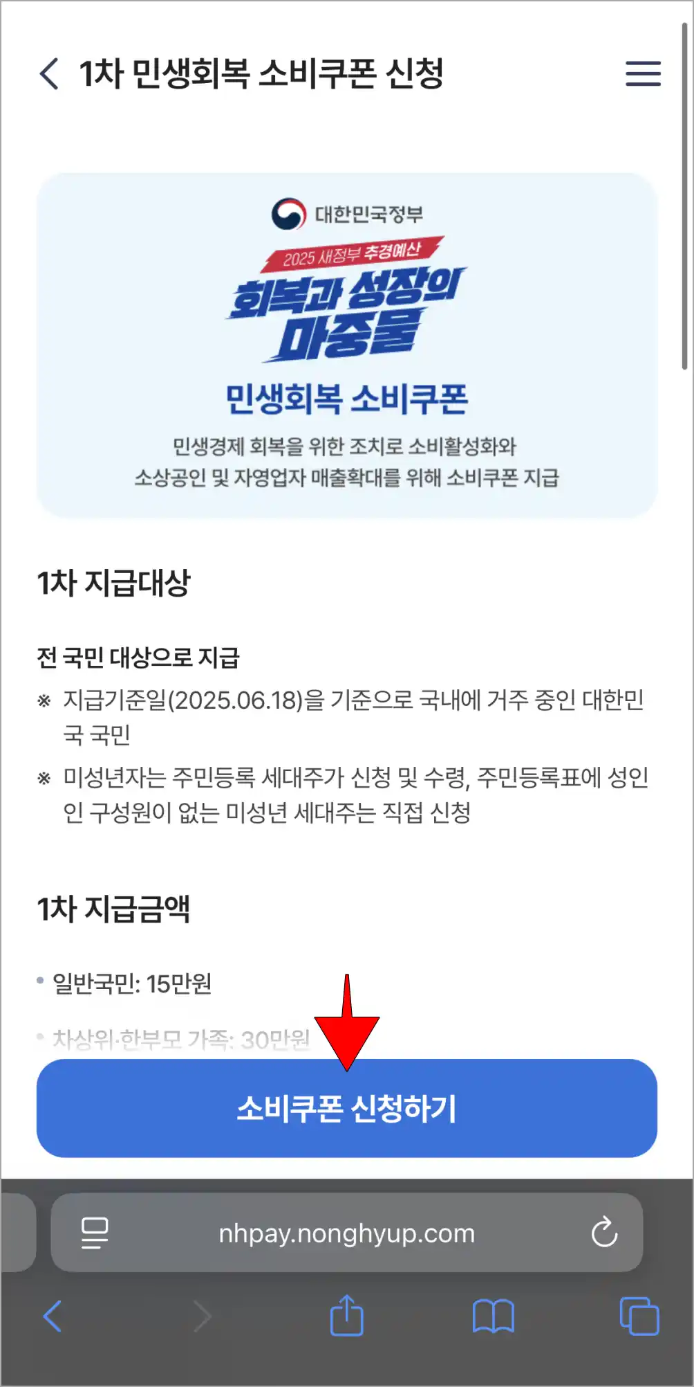 신청 화면의 '소비쿠폰 신청하기'를 선택