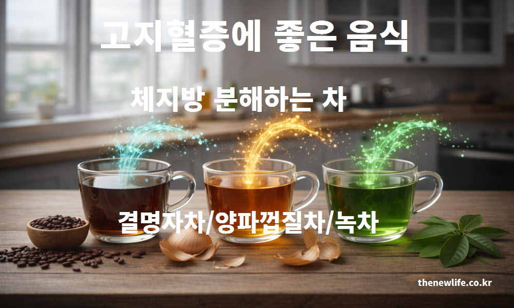 식후 따뜻한 차 한 잔이 체지방 분해를 촉진하는 고지혈증에 좋은 음식의 효과를 설명하는 이미지.