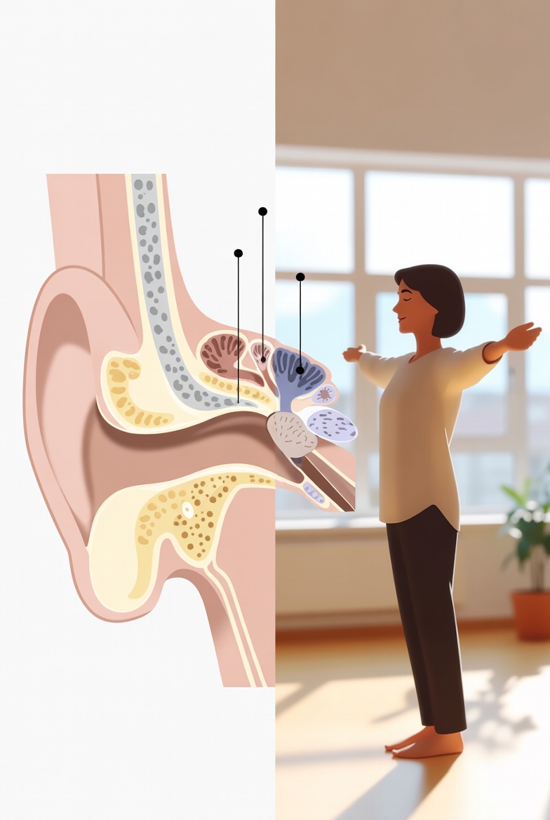 귀 내부의 복잡한 평형 기관(전정 기관, 세반고리관)의 단면도와 그 옆에서 두 팔을 벌리고 평온하게 균형을 잡으며 서 있는 여성의 모습이 대비된 이미지. 어지럼증의 의학적 원인 이해와 재활을 통한 회복을 상징함.