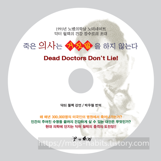 '죽은 의사는 거짓말을 하지 않는다(Dead Doctors Don't Lie!)'라는 제목과 함께 닥터 월렉의 강연 내용을 담은 원형 CD 디자인 이미지. 1991년 노벨의학상 노미네이트 경력과 현대 의학에 던지는 도전적인 질문들이 담겨 있다.