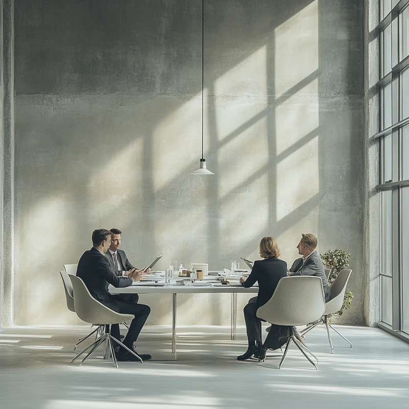 고급 회의실에서 투자 전문가들이 커버드콜 전략을 설명하고 있다. 권위적인 분위기 속에 전문적인 통찰을 나눈다.