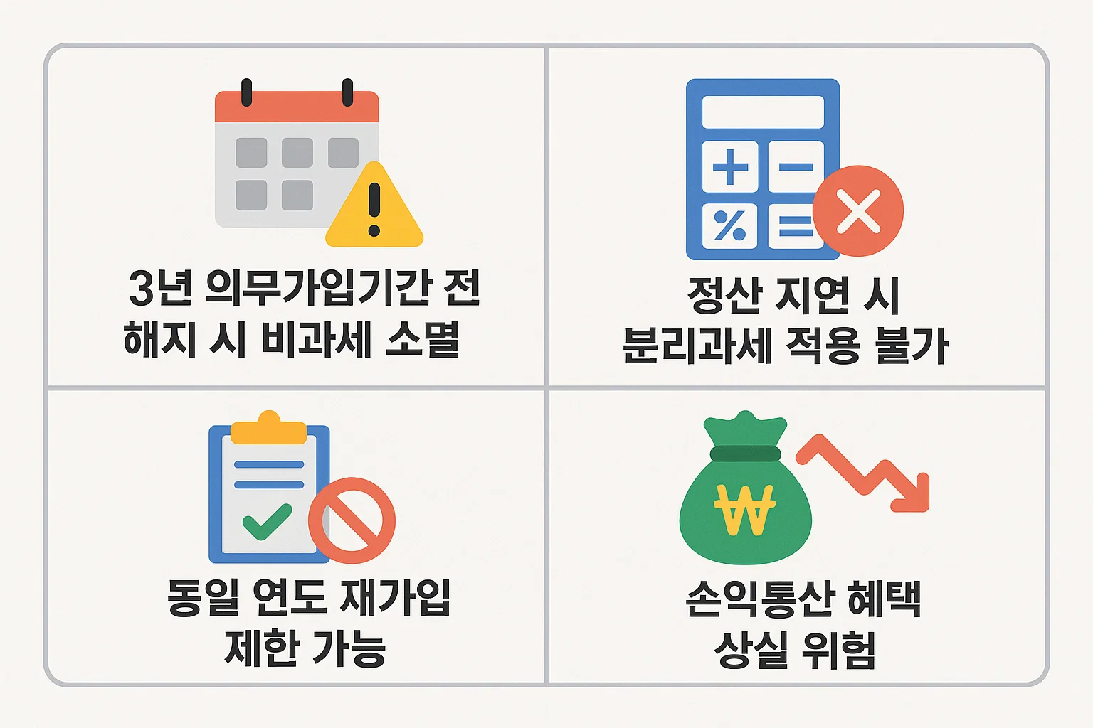 ISA 계좌 해지 전 3년 의무가입기간 조건, 비과세 소멸, 분리과세 적용 불가, 재가입 제한, 손익통산 혜택 상실 등 핵심 불이익을 정리한 인포그래픽 이미지