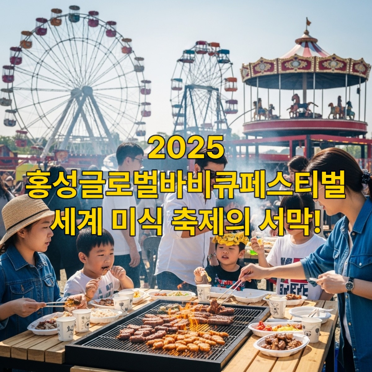 2025 홍성글로벌바비큐페스티벌의 활기찬 전경. 관람차 모양 그릴 앞에서 사람들이 맛있게 구워진 바비큐를 즐기고 있는 모습.